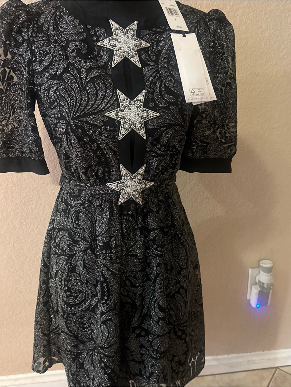 SALONI Black Glitter Star-Appliqué Fit & Flare Mini Dress - Picture 2 of 6